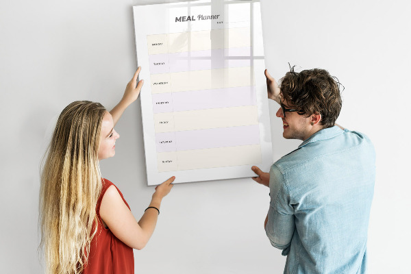 Decoratief glazen wandbord beschrijfbaar en magnetisch Maaltijdplanner voor de hele week