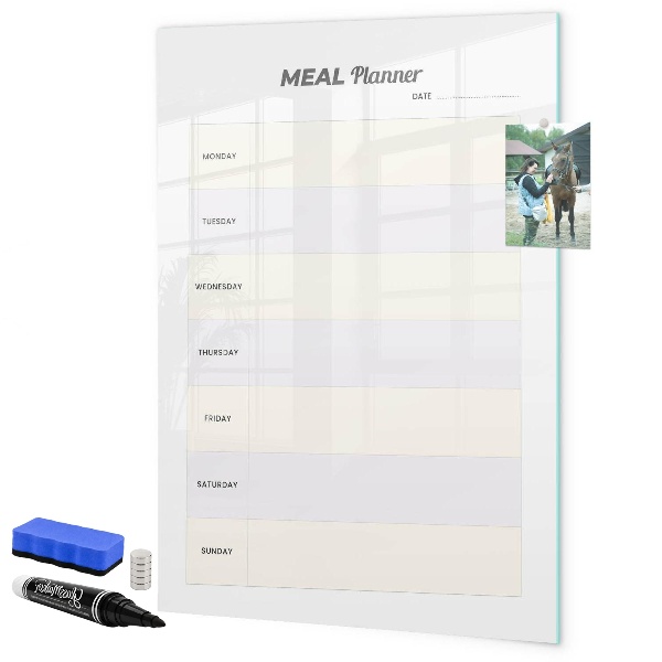 Decoratief glazen wandbord beschrijfbaar en magnetisch Maaltijdplanner voor de hele week