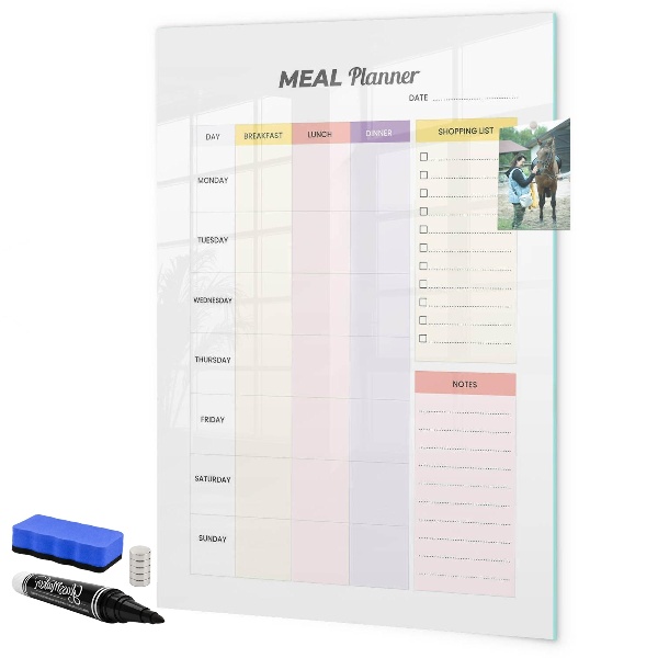 Memobord van glas met print inclusief neodymium magneten Maaltijdplanner voor elke week