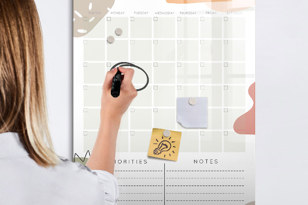 Decoratief glazen wandbord beschrijfbaar en magnetisch Maandplanner met ruimte voor foto's