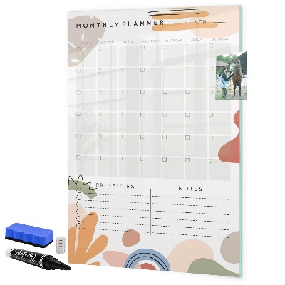 Decoratief glazen wandbord beschrijfbaar en magnetisch Maandplanner met ruimte voor foto's
