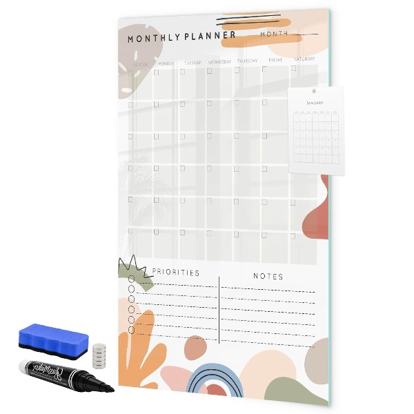 Decoratief glazen wandbord beschrijfbaar en magnetisch Maandplanner met ruimte voor foto's