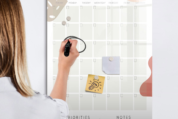 Decoratief glazen wandbord beschrijfbaar en magnetisch Maandplanner met ruimte voor foto's