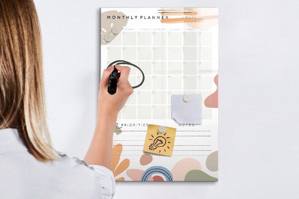 Decoratief glazen wandbord beschrijfbaar en magnetisch Maandplanner met ruimte voor foto's