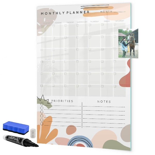 Decoratief glazen wandbord beschrijfbaar en magnetisch Maandplanner met ruimte voor foto's