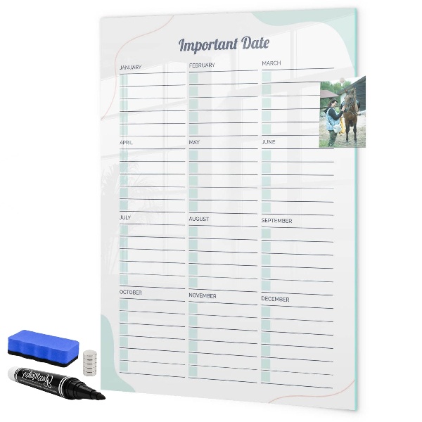 Decoratief glazen wandbord beschrijfbaar en magnetisch Agenda voor belangrijke data en foto's