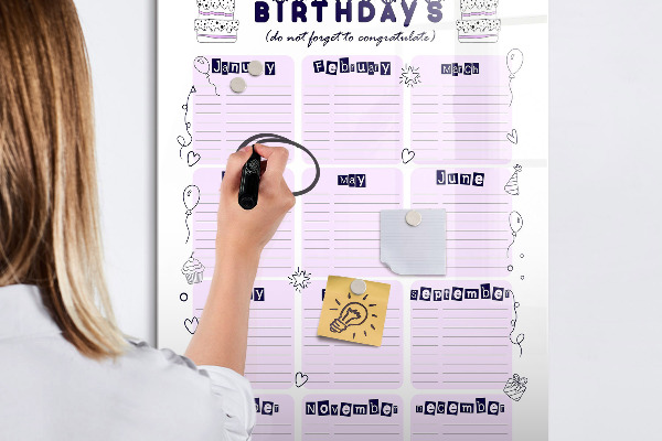 Memobord van glas met print inclusief neodymium magneten Verjaardagskalender met ruimte voor foto's