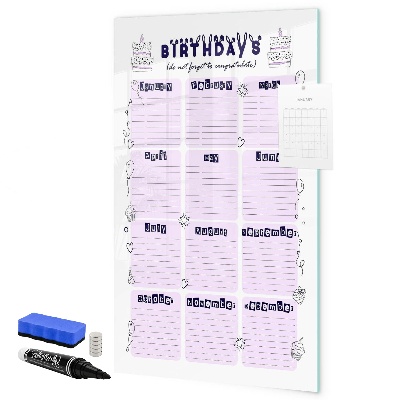 Memobord van glas met print inclusief neodymium magneten Verjaardagskalender met ruimte voor foto's
