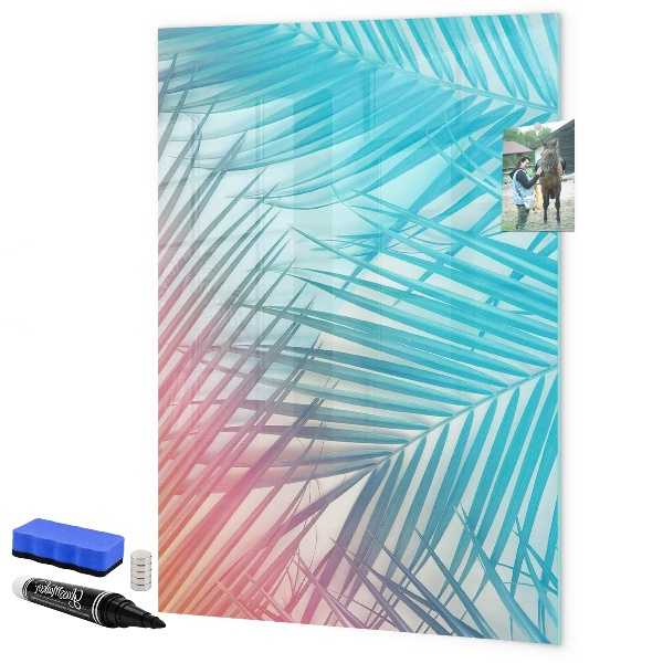 Memobord van glas met print inclusief neodymium magneten Achtergrond met palmbomen en foto's om vast te pinnen