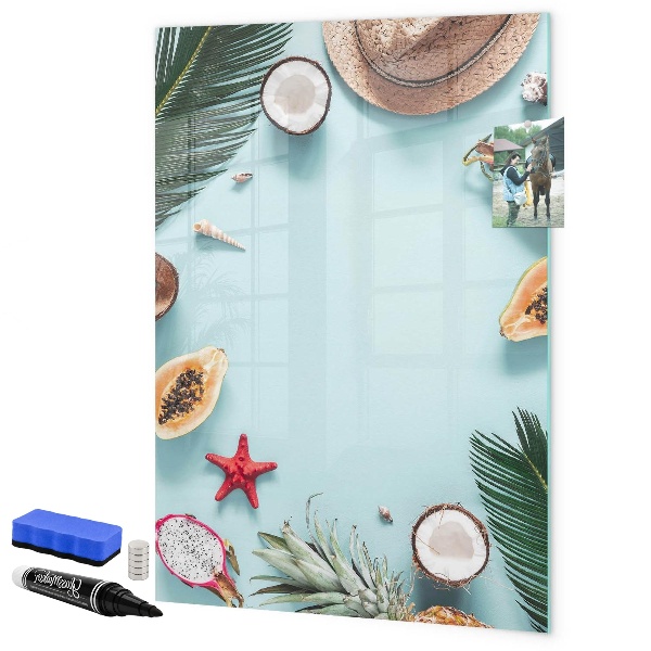 Decoratief glazen wandbord beschrijfbaar en magnetisch Zomerse herinneringen in een tropische stijl
