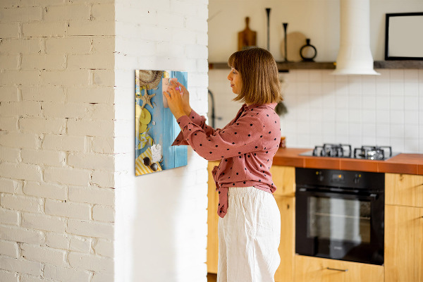 Memobord van glas met print inclusief neodymium magneten Zomerse herinneringen op een blauwe achtergrond
