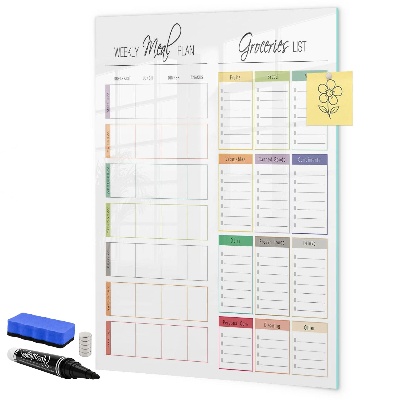Decoratief glazen wandbord beschrijfbaar en magnetisch Wekelijks maaltijd- en boodschappenplan