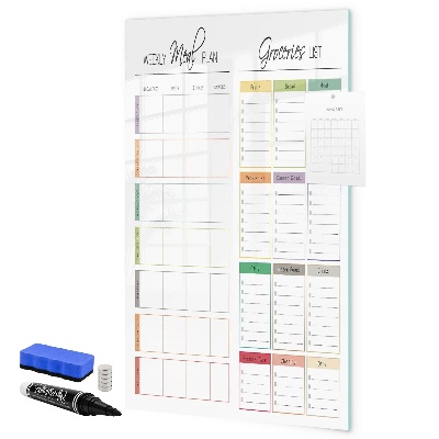 Decoratief glazen wandbord beschrijfbaar en magnetisch Wekelijks maaltijd- en boodschappenplan