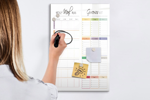 Decoratief glazen wandbord beschrijfbaar en magnetisch Wekelijks maaltijd- en boodschappenplan