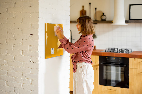 Decoratief glazen wandbord beschrijfbaar en magnetisch Een kleurrijk prikbord voor notities en foto's