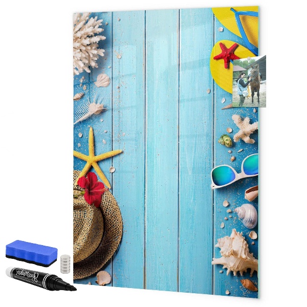 Memobord van glas met print inclusief neodymium magneten Zomerse herinneringen op een blauwe achtergrond