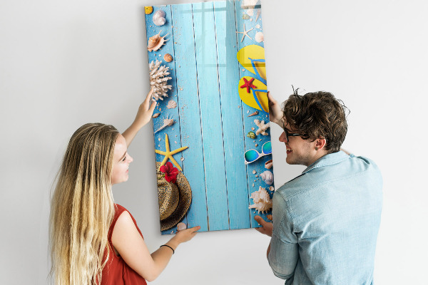 Memobord van glas met print inclusief neodymium magneten Zomerse herinneringen op een blauwe achtergrond
