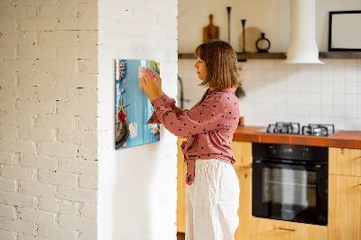 Memobord van glas met print inclusief neodymium magneten Zomerse herinneringen op een blauwe achtergrond