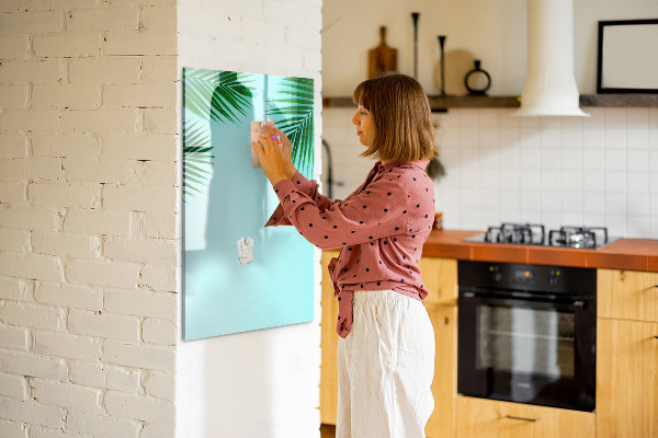 Decoratief glazen wandbord beschrijfbaar en magnetisch Groene bladeren en herinneringen in foto's
