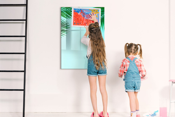 Decoratief glazen wandbord beschrijfbaar en magnetisch Groene bladeren en herinneringen in foto's