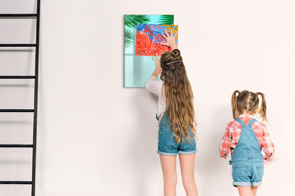 Decoratief glazen wandbord beschrijfbaar en magnetisch Groene bladeren en herinneringen in foto's