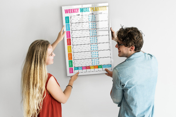 Decoratief glazen wandbord beschrijfbaar en magnetisch Maaltijdplanner voor elke week