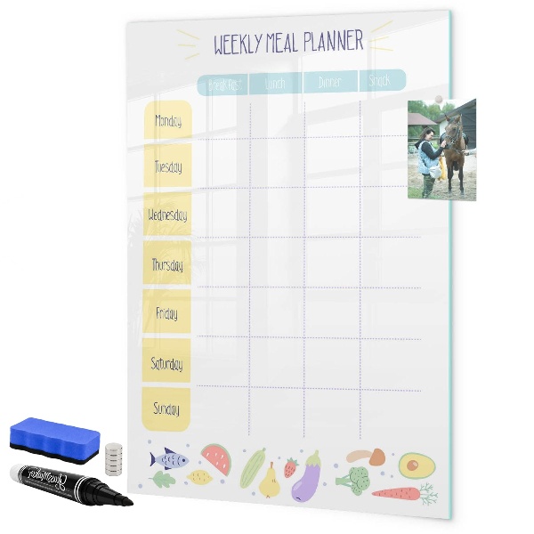Decoratief glazen wandbord beschrijfbaar en magnetisch Maaltijdplanner voor de hele week