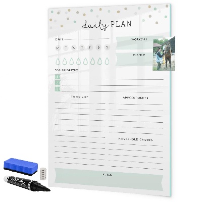 Decoratief glazen wandbord beschrijfbaar en magnetisch Dagelijkse organisatie en taakplanning