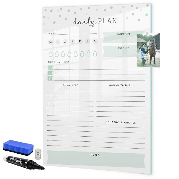 Decoratief glazen wandbord beschrijfbaar en magnetisch Dagelijkse organisatie en taakplanning