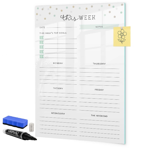 Memobord van glas met print inclusief neodymium magneten Weekplanner met ruimte voor notities