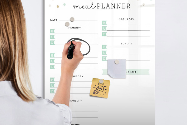Decoratief glazen wandbord beschrijfbaar en magnetisch Maaltijdplanner voor de hele week