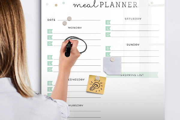 Decoratief glazen wandbord beschrijfbaar en magnetisch Maaltijdplanner voor de hele week