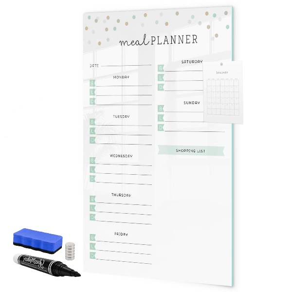 Decoratief glazen wandbord beschrijfbaar en magnetisch Maaltijdplanner voor de hele week