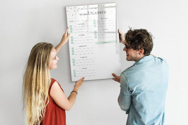 Decoratief glazen wandbord beschrijfbaar en magnetisch Maaltijdplanner voor de hele week