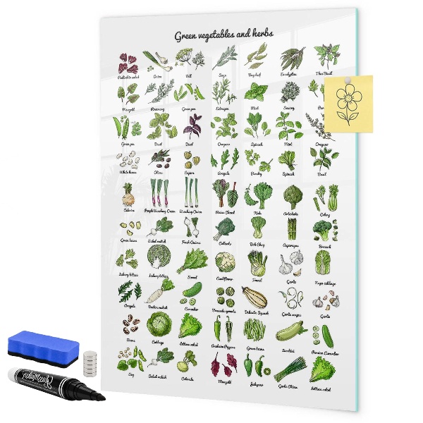 Memobord van glas met print inclusief neodymium magneten Groene groenten en kruiden in grafische weergave