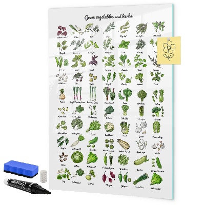 Memobord van glas met print inclusief neodymium magneten Groene groenten en kruiden in grafische weergave