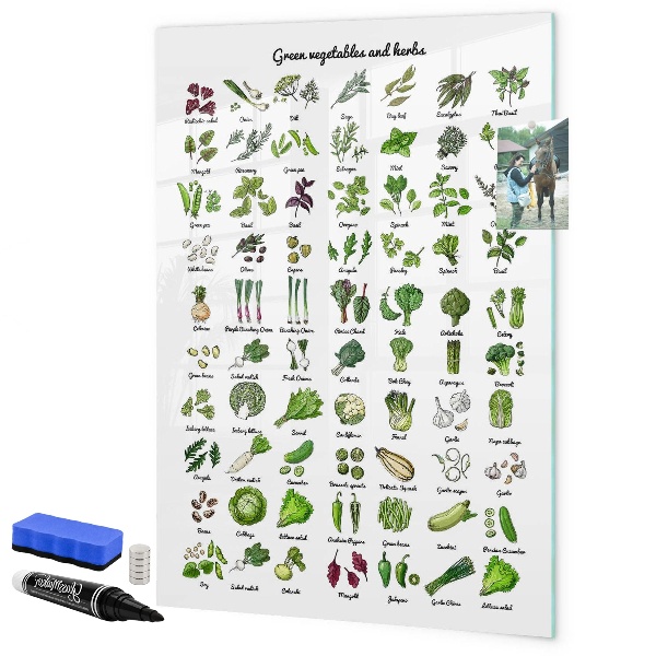 Memobord van glas met print inclusief neodymium magneten Groene groenten en kruiden in grafische weergave