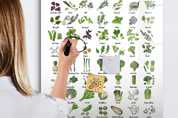 Memobord van glas met print inclusief neodymium magneten Groene groenten en kruiden in grafische weergave