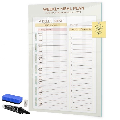 Memobord van glas met print inclusief neodymium magneten Maaltijdplan voor elke week
