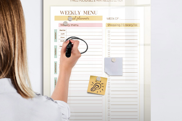 Memobord van glas met print inclusief neodymium magneten Maaltijdplan voor elke week