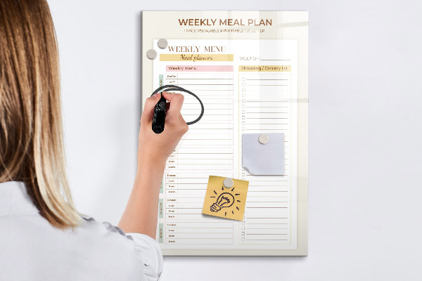 Memobord van glas met print inclusief neodymium magneten Maaltijdplan voor elke week