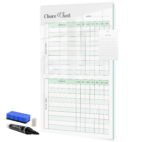 Decoratief glazen wandbord beschrijfbaar en magnetisch Huishoudelijke takenplanner voor het hele gezin