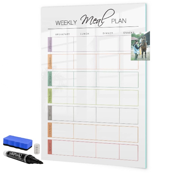 Decoratief glazen wandbord beschrijfbaar en magnetisch Maaltijdplanner voor de hele week