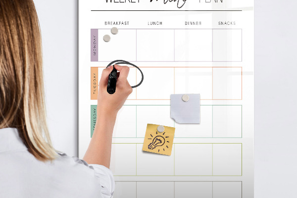 Decoratief glazen wandbord beschrijfbaar en magnetisch Maaltijdplanner voor de hele week