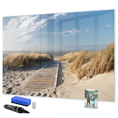 Decoratief glazen wandbord beschrijfbaar en magnetisch Strand, herinneringen en creativiteit in foto's