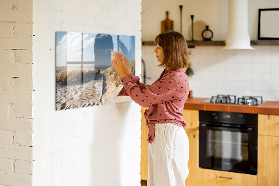 Decoratief glazen wandbord beschrijfbaar en magnetisch Strand, herinneringen en creativiteit in foto's