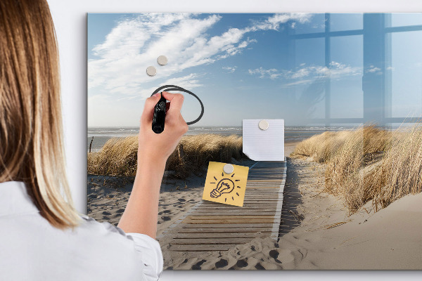 Decoratief glazen wandbord beschrijfbaar en magnetisch Strand, herinneringen en creativiteit in foto's