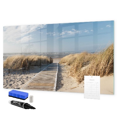Decoratief glazen wandbord beschrijfbaar en magnetisch Strand, herinneringen en creativiteit in foto's