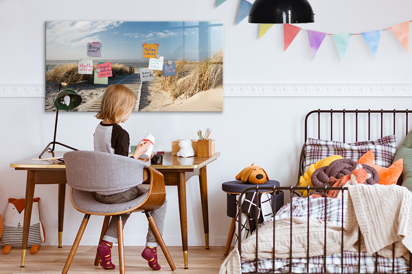 Decoratief glazen wandbord beschrijfbaar en magnetisch Strand, herinneringen en creativiteit in foto's