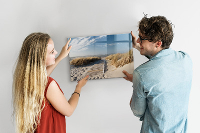 Decoratief glazen wandbord beschrijfbaar en magnetisch Strand, herinneringen en creativiteit in foto's